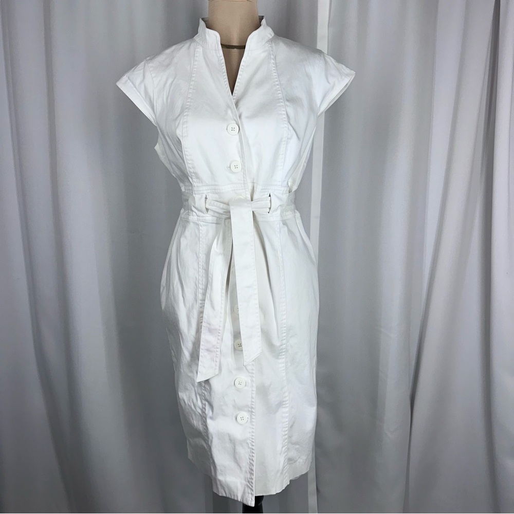 Calvin Klein White‎ Shirt Dress Sz S? Midi Belted Button Front Cap Sleeve READ